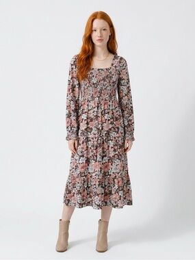 Mexx Floral Smocked Long-Sleeve Dress in Pink and Black